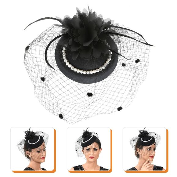 🖤 Pinup Accessory 1950s Retro Vintage Fascinator Black Pillbox Pearl Veil Hat - Picture 2 of 9